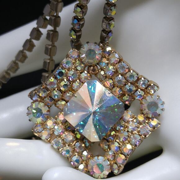 Vintage AB Rivoli Crystal Rhinestone Pendant Necklace, 1950s - Picture 2 of 10